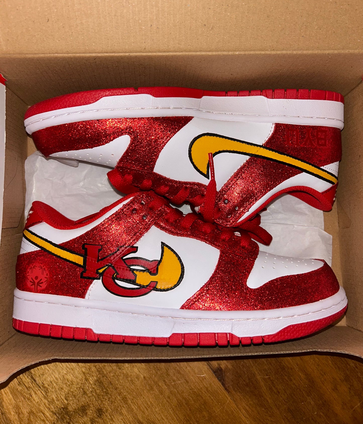 Tammy Reid's Custom Glitter Chiefs Dunks