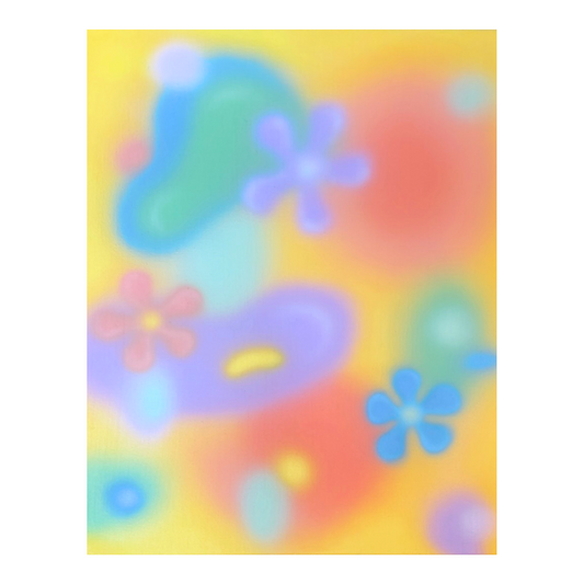 Colorful abstract design with flowers and shapes on a yellow background