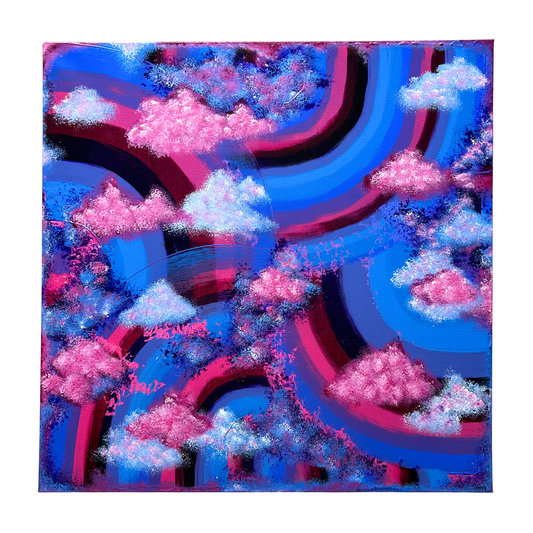  vibrant acrylic painting featuring an abstract design with cloud-like shapes in pink and blue against a multicolored background.