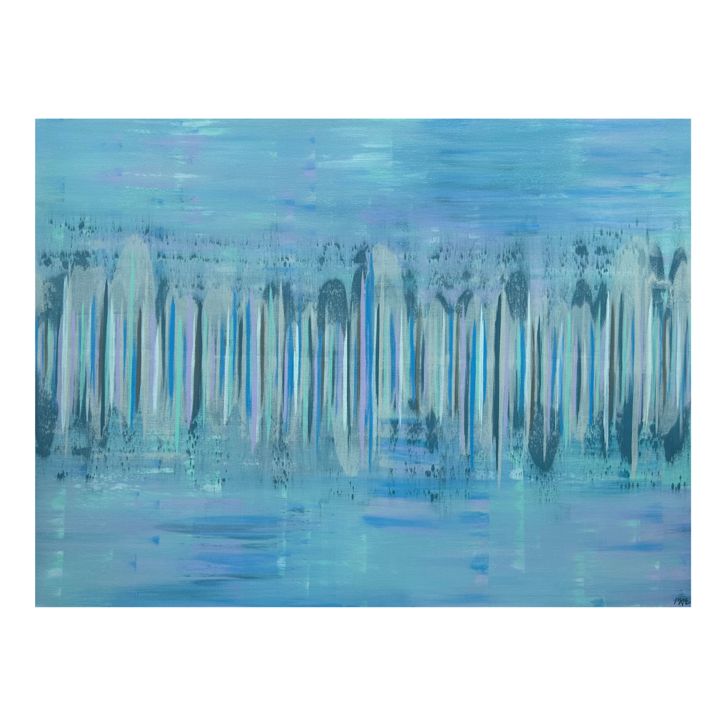 An abstract acrylic painting on canvas with blue tones and textured patterns, measuring 30x40 inches.