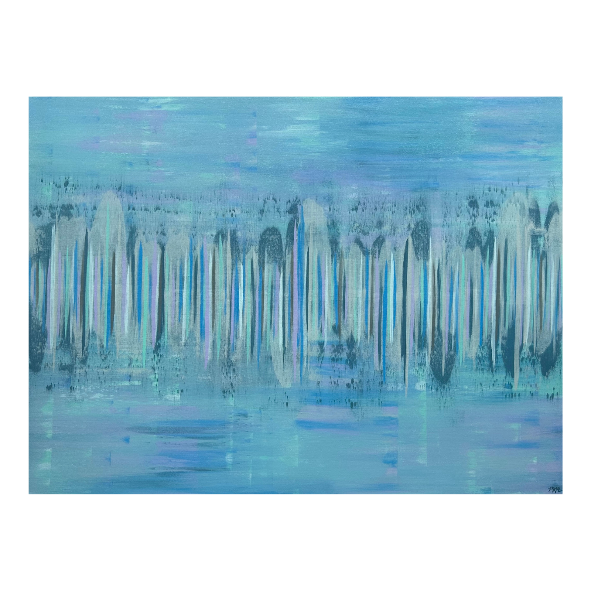 An abstract acrylic painting on canvas with blue tones and textured patterns, measuring 30x40 inches.