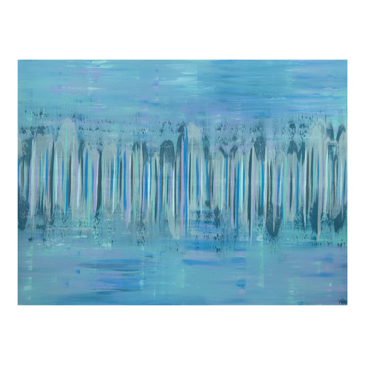 An abstract acrylic painting on canvas with blue tones and textured patterns, measuring 30x40 inches.