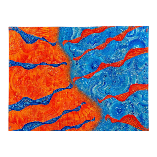 Abstract artwork with orange and blue wavy patterns on a white background