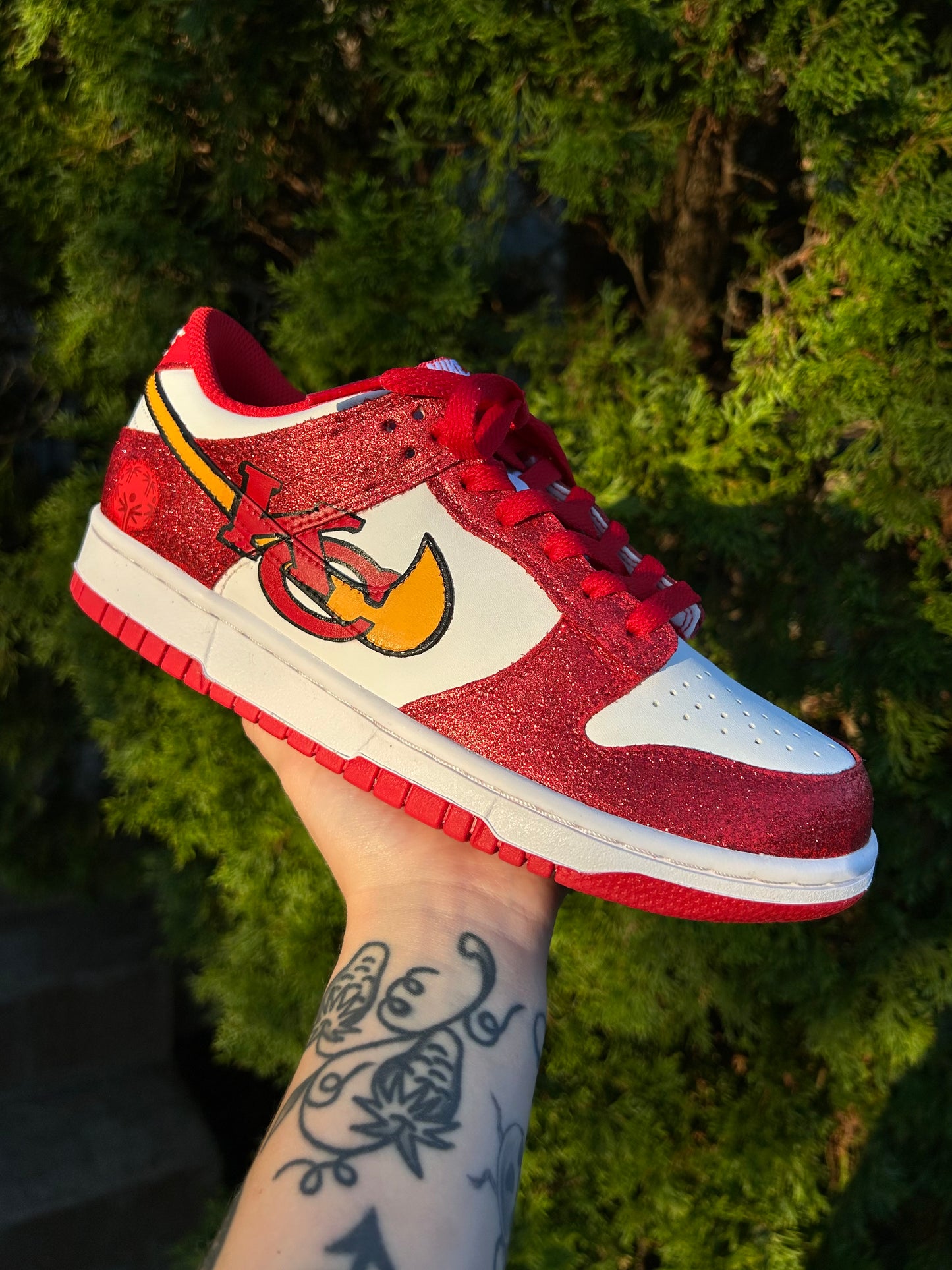 Tammy Reid's Custom Glitter Chiefs Dunks